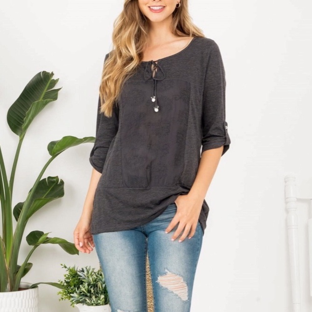 Boutique MittoShop Slub Knit Embroidered Front Pullover Blouse S (4/6) Charcoal